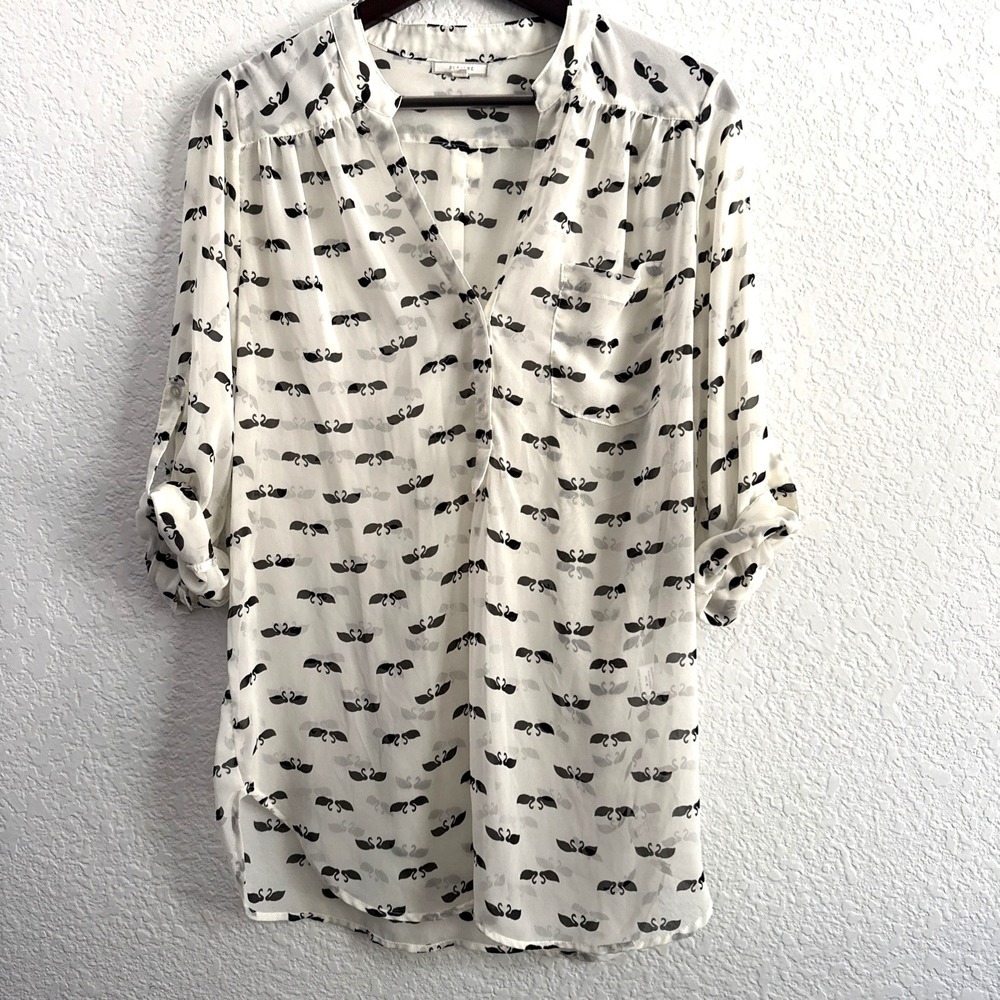 Pleione Sheer White Blouse All-Over Black Swan Print Popover Shirt Women Size M